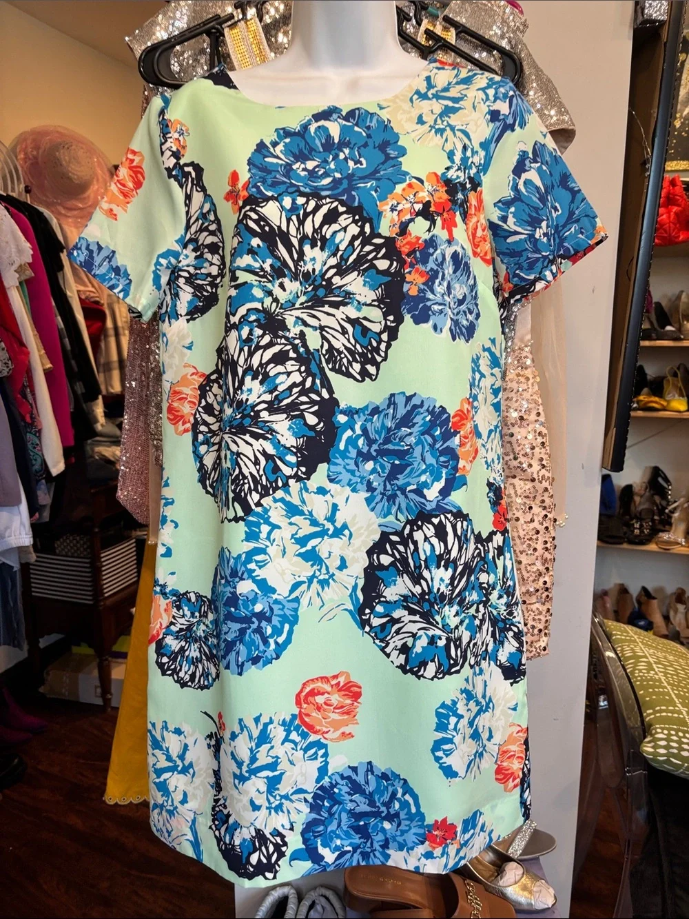 J. Crew Mint Mini Dress with Bold Blue Floral Print